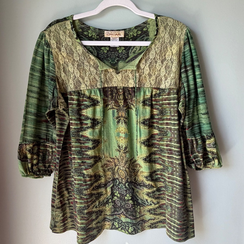 Davina Green Mixed Media‎ Top Patchwork Lace Paisley Boho Art To Wear Size XL
